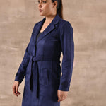 Navy Blue Long Over Coat with Notch collar and Slant Pockets - Lakshita