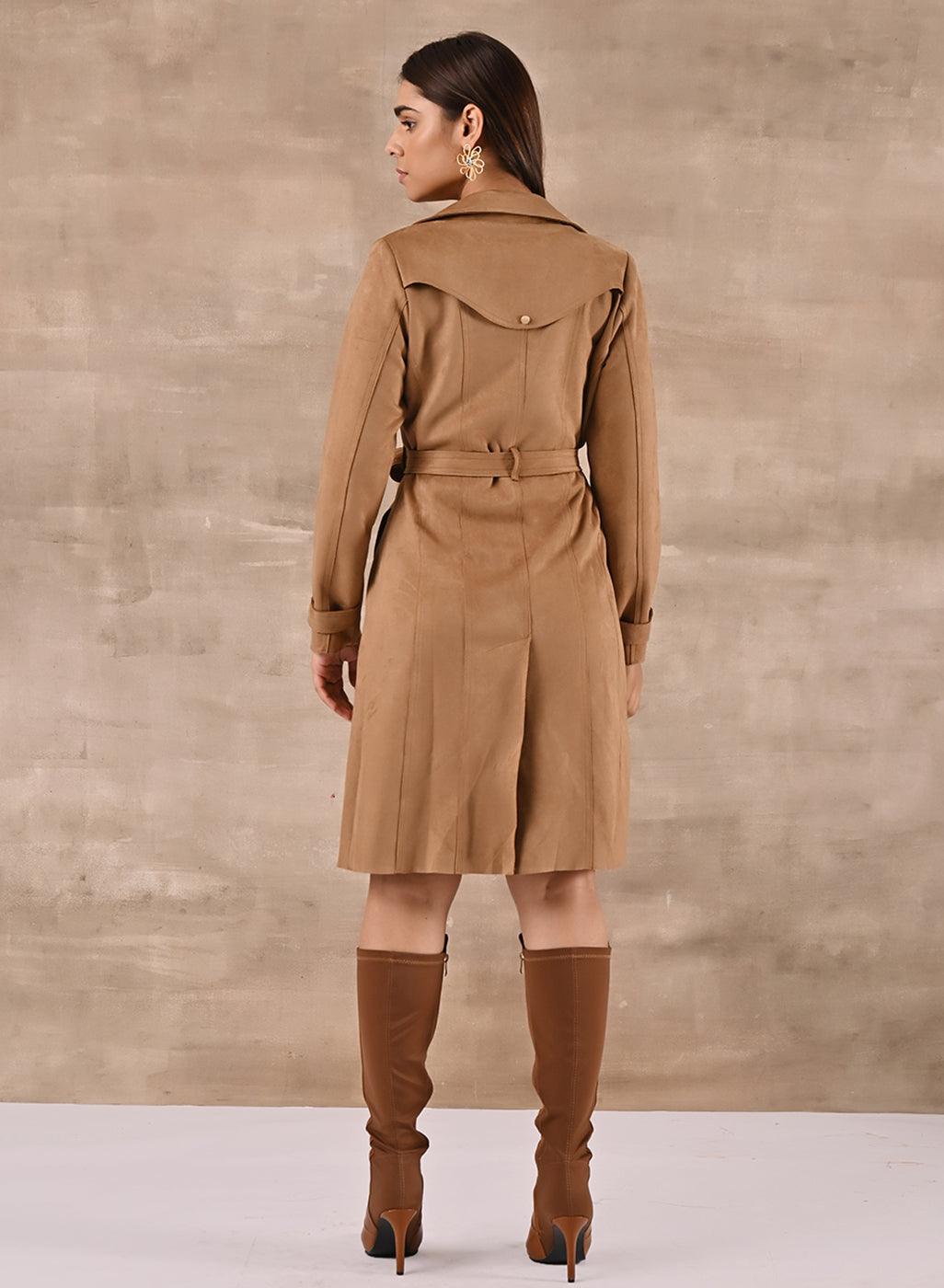 Gold Long Over Coat with Notch collar and Slant Pockets - Lakshita