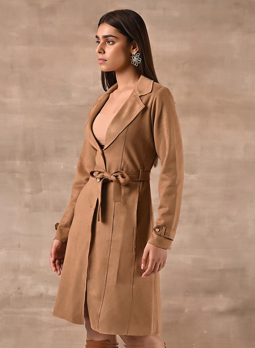 Gold Long Over Coat with Notch collar and Slant Pockets - Lakshita