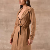Gold Long Over Coat with Notch collar and Slant Pockets - Lakshita