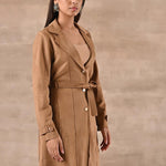 Gold Long Over Coat with Notch collar and Slant Pockets - Lakshita