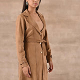Gold Long Over Coat with Notch collar and Slant Pockets - Lakshita