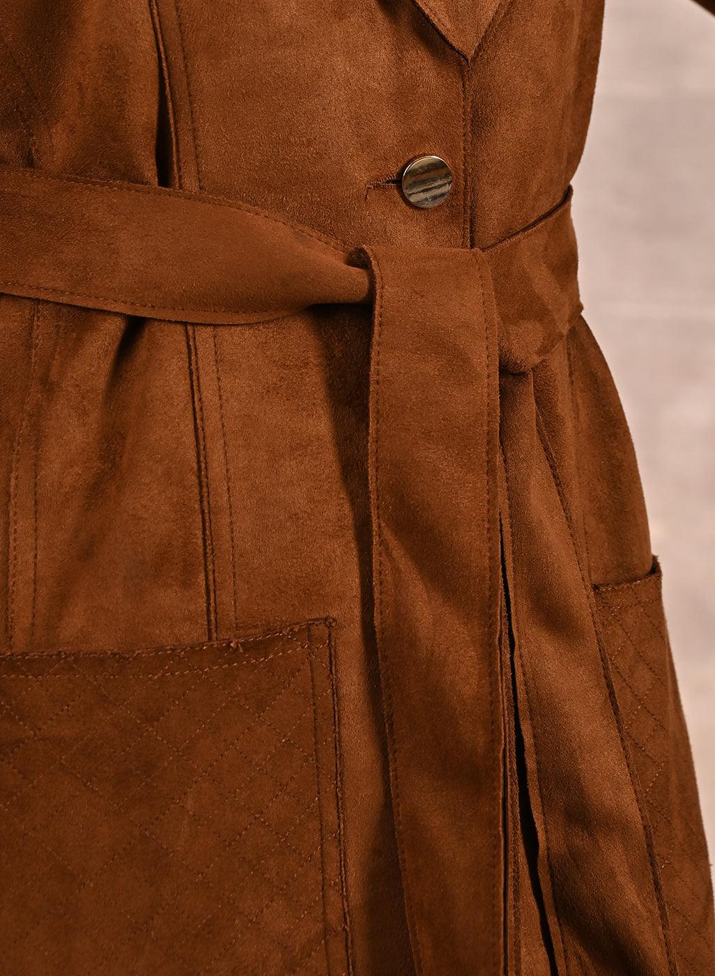 Golden Suede Coat with Front Pocket & Notched Collar - Lakshita