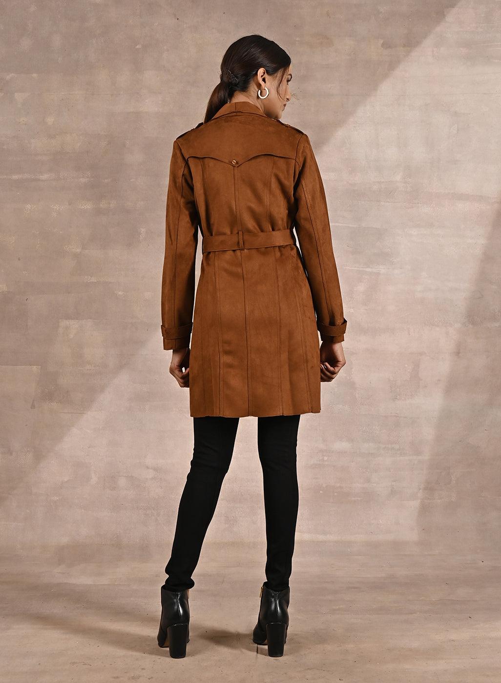 Golden Suede Coat with Front Pocket & Notched Collar - Lakshita