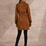 Golden Suede Coat with Front Pocket & Notched Collar - Lakshita