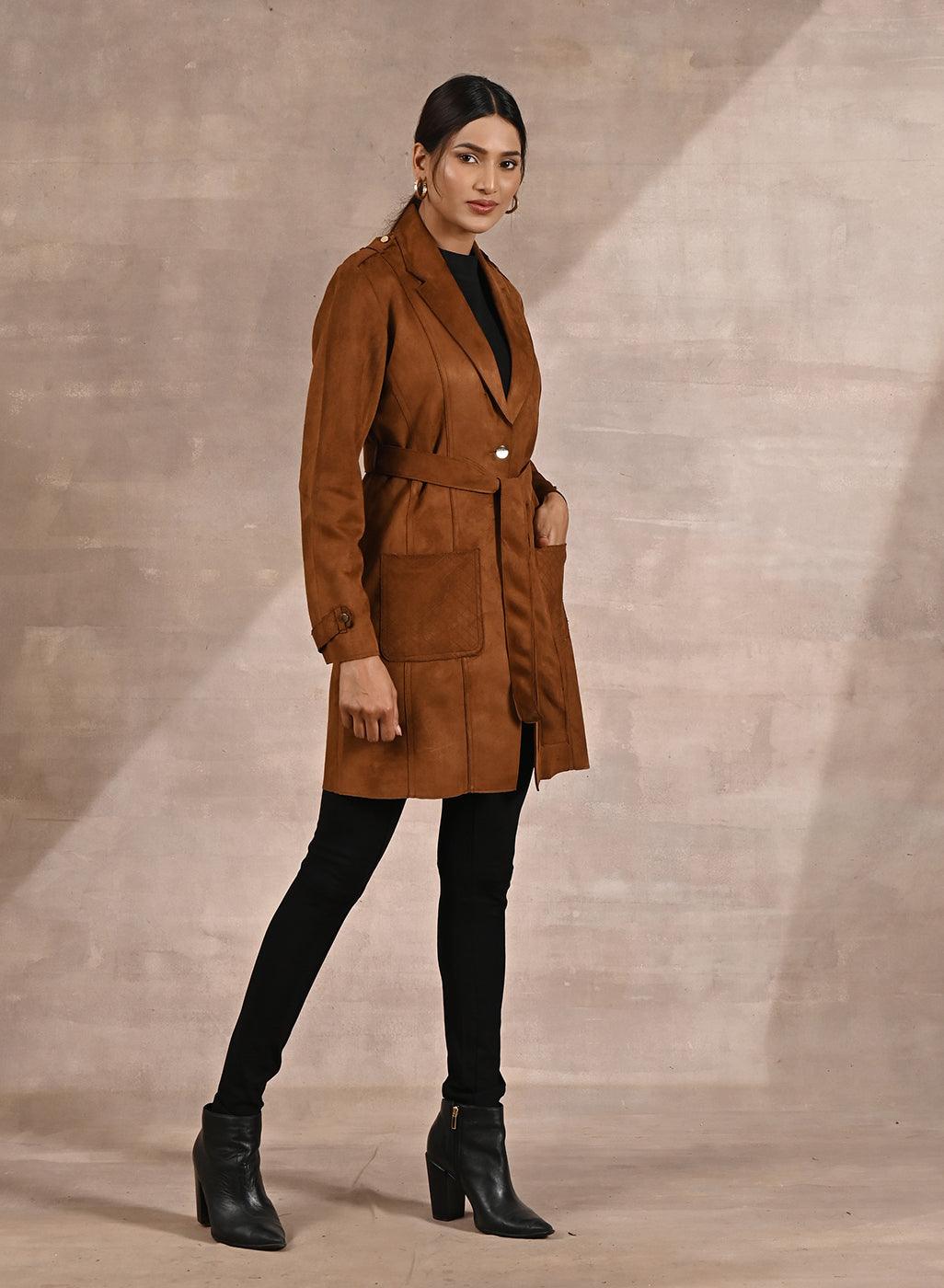 Golden Suede Coat with Front Pocket & Notched Collar - Lakshita
