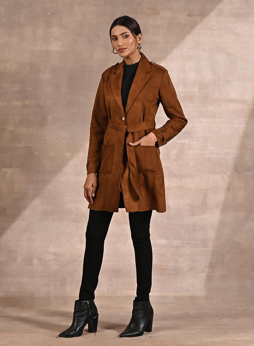 Golden Suede Coat with Front Pocket & Notched Collar - Lakshita