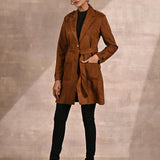 Golden Suede Coat with Front Pocket & Notched Collar - Lakshita