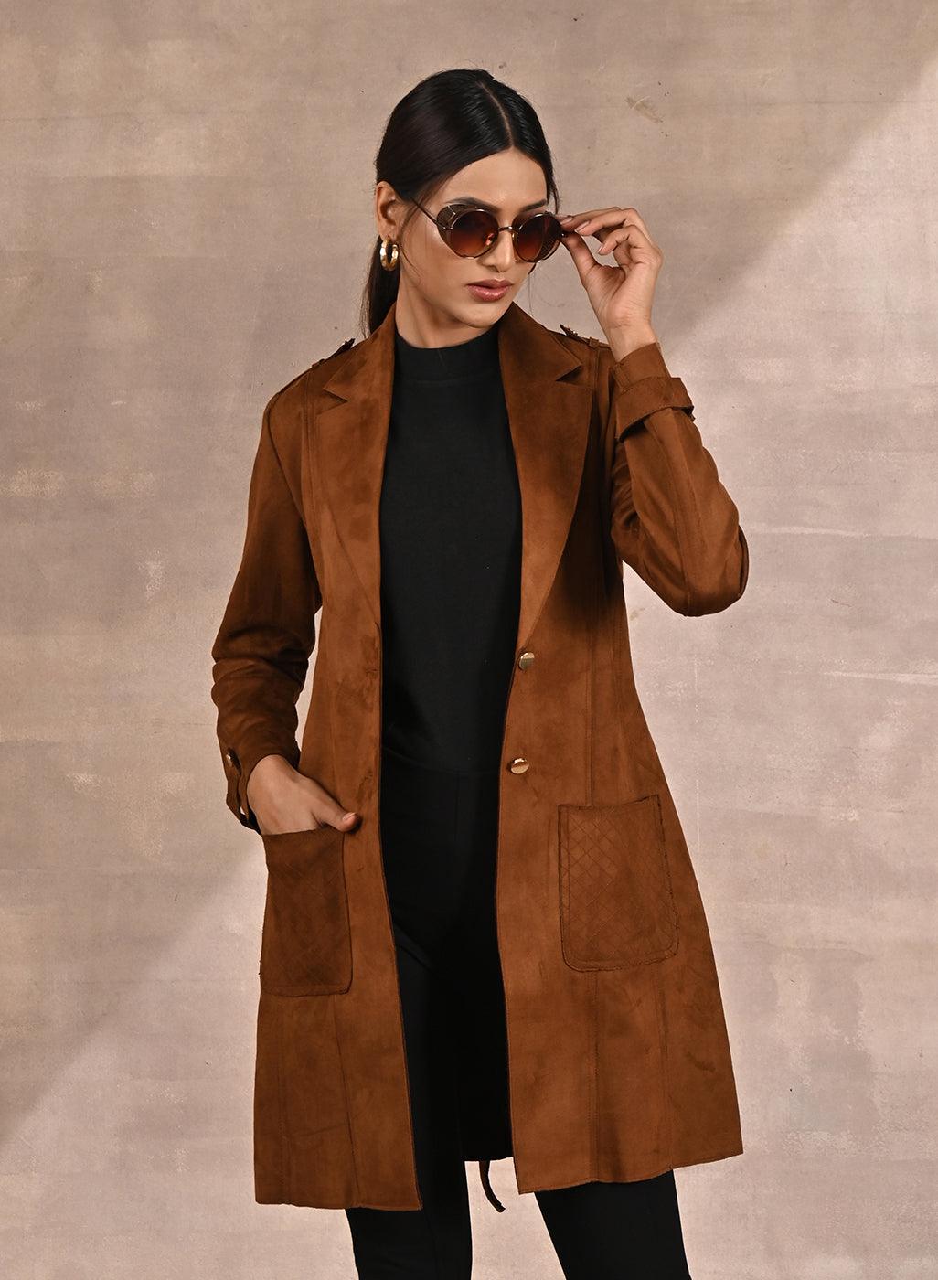 Golden Suede Coat with Front Pocket & Notched Collar - Lakshita