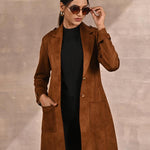 Golden Suede Coat with Front Pocket & Notched Collar - Lakshita