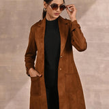 Golden Suede Coat with Front Pocket & Notched Collar - Lakshita