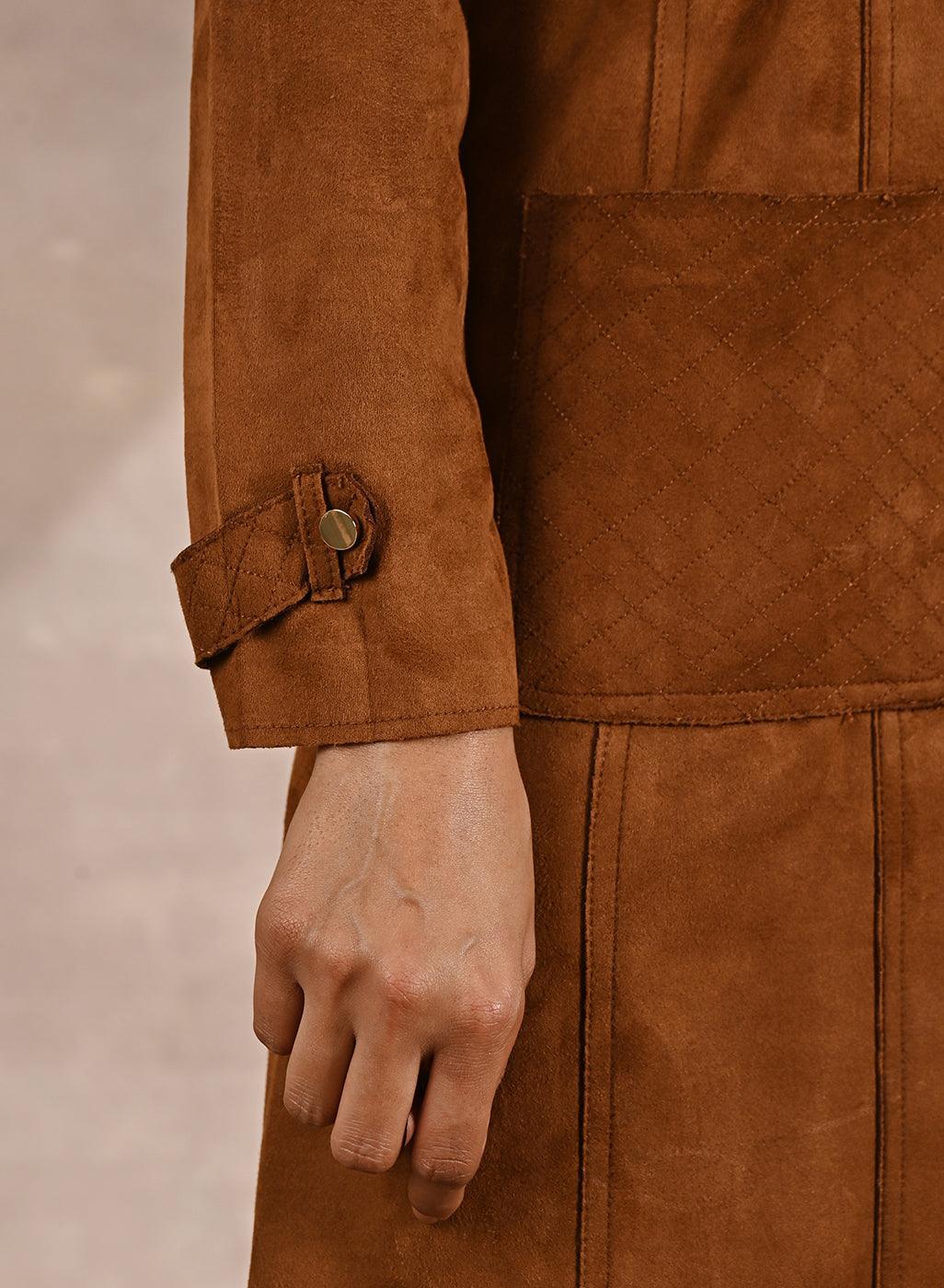 Golden Suede Coat with Front Pocket & Notched Collar - Lakshita