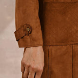 Golden Suede Coat with Front Pocket & Notched Collar - Lakshita