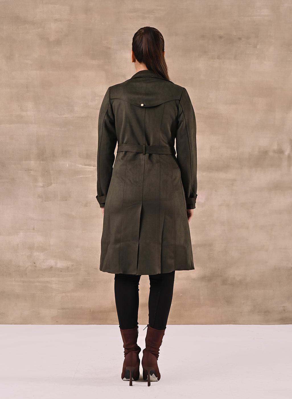 Green Full Sleeve Tie Belt Trench Coat - Lakshita