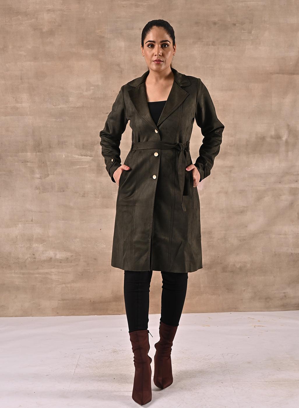 Green Full Sleeve Tie Belt Trench Coat - Lakshita