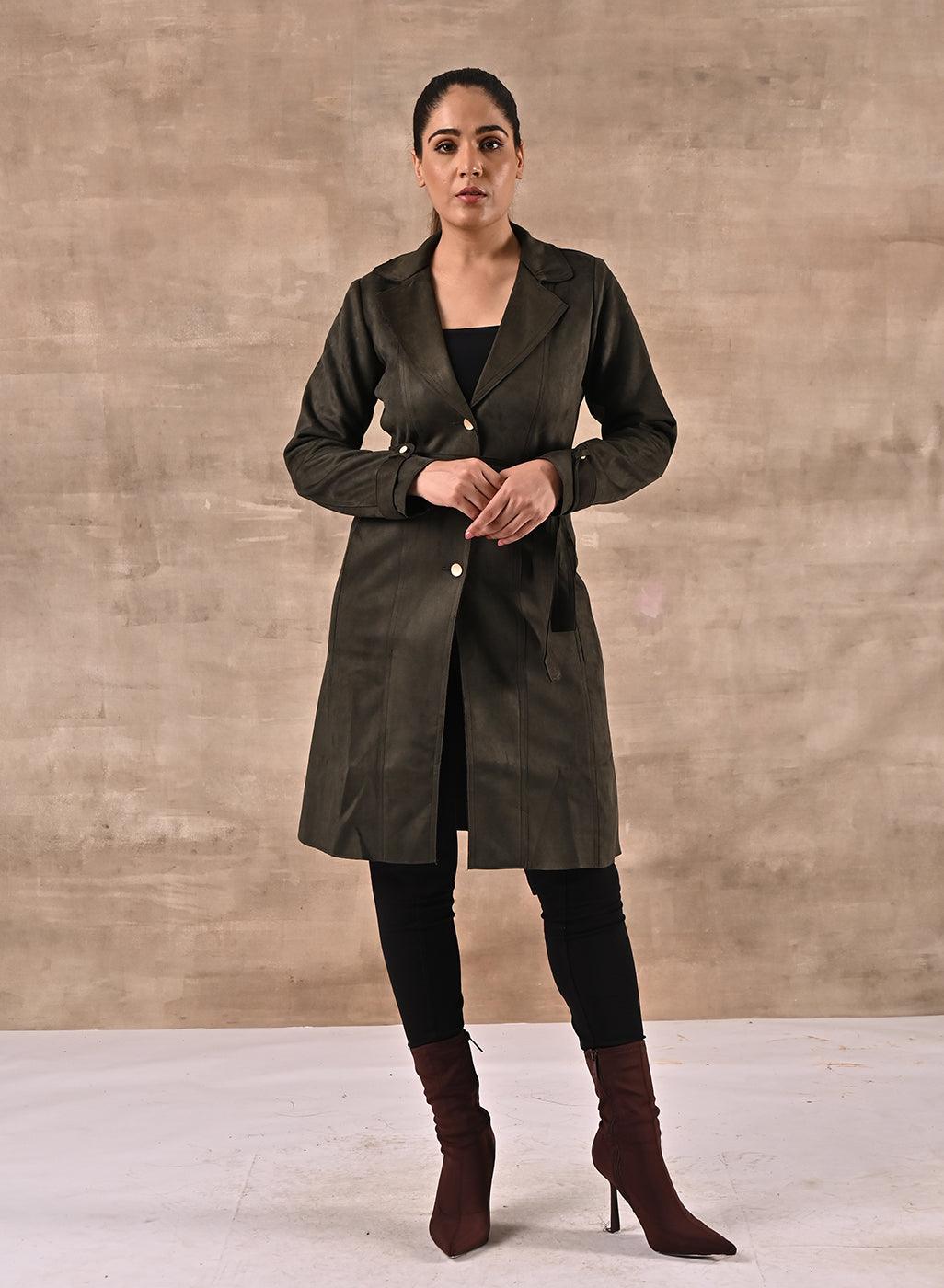 Green Full Sleeve Tie Belt Trench Coat - Lakshita