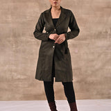 Green Full Sleeve Tie Belt Trench Coat - Lakshita