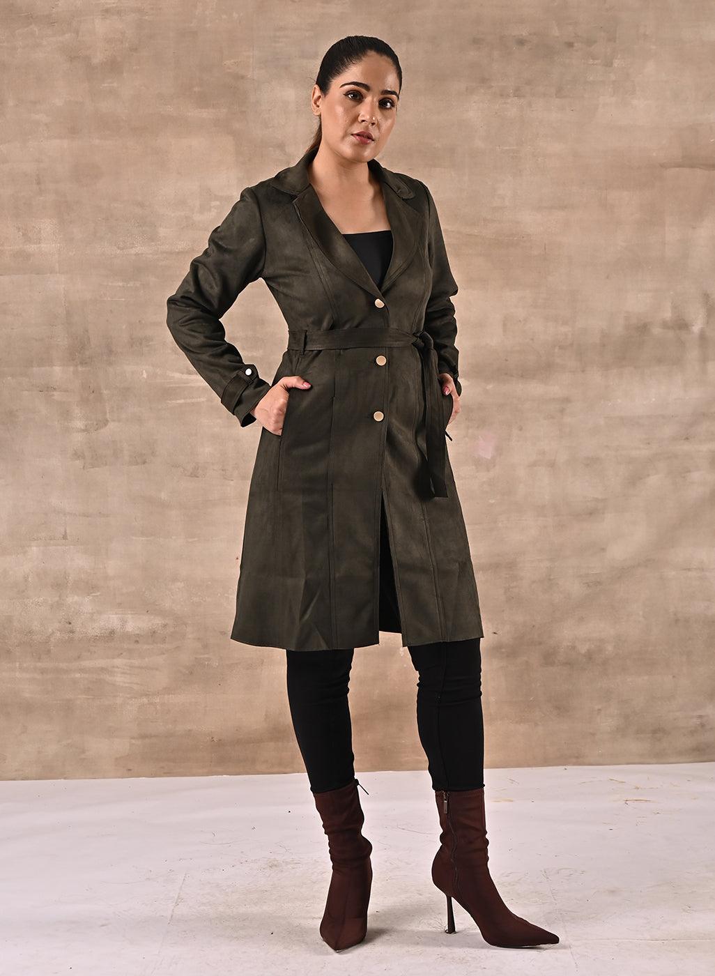 Green Full Sleeve Tie Belt Trench Coat - Lakshita