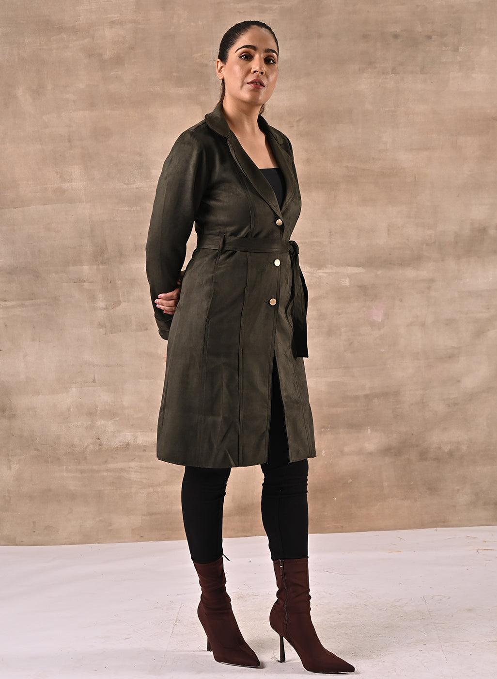 Green Full Sleeve Tie Belt Trench Coat - Lakshita