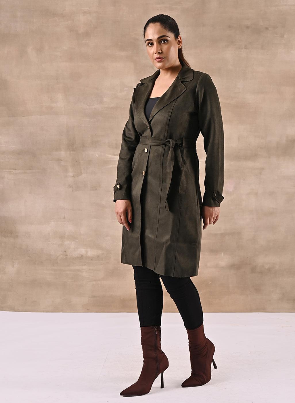 Green Full Sleeve Tie Belt Trench Coat - Lakshita