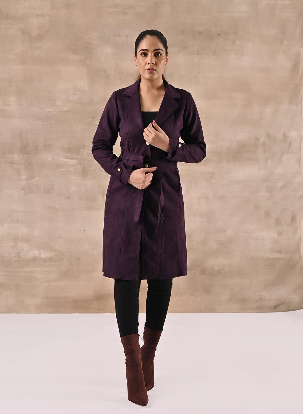 Purple Full Sleeve Tie Belt Trench Coat - Lakshita
