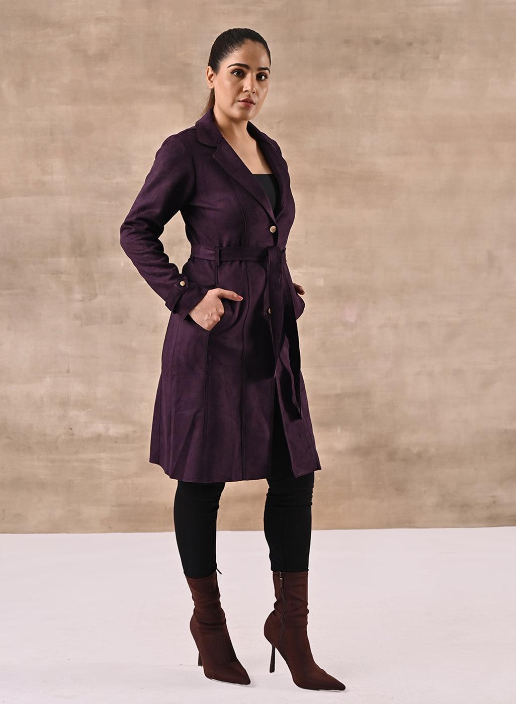 Purple Full Sleeve Tie Belt Trench Coat - Lakshita