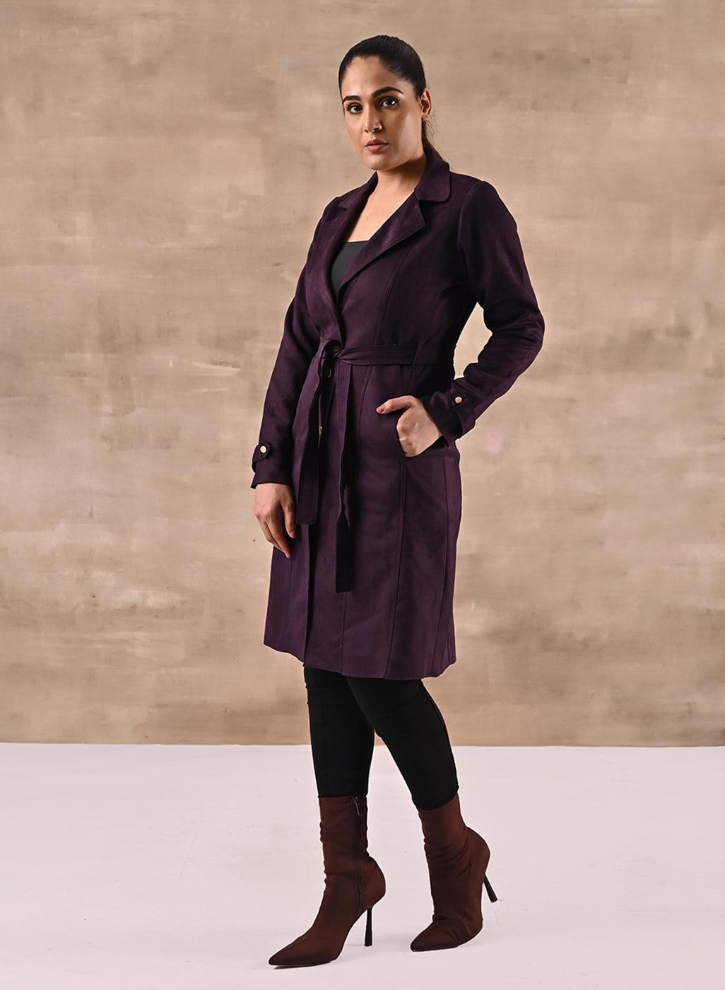 Purple Full Sleeve Tie Belt Trench Coat - Lakshita