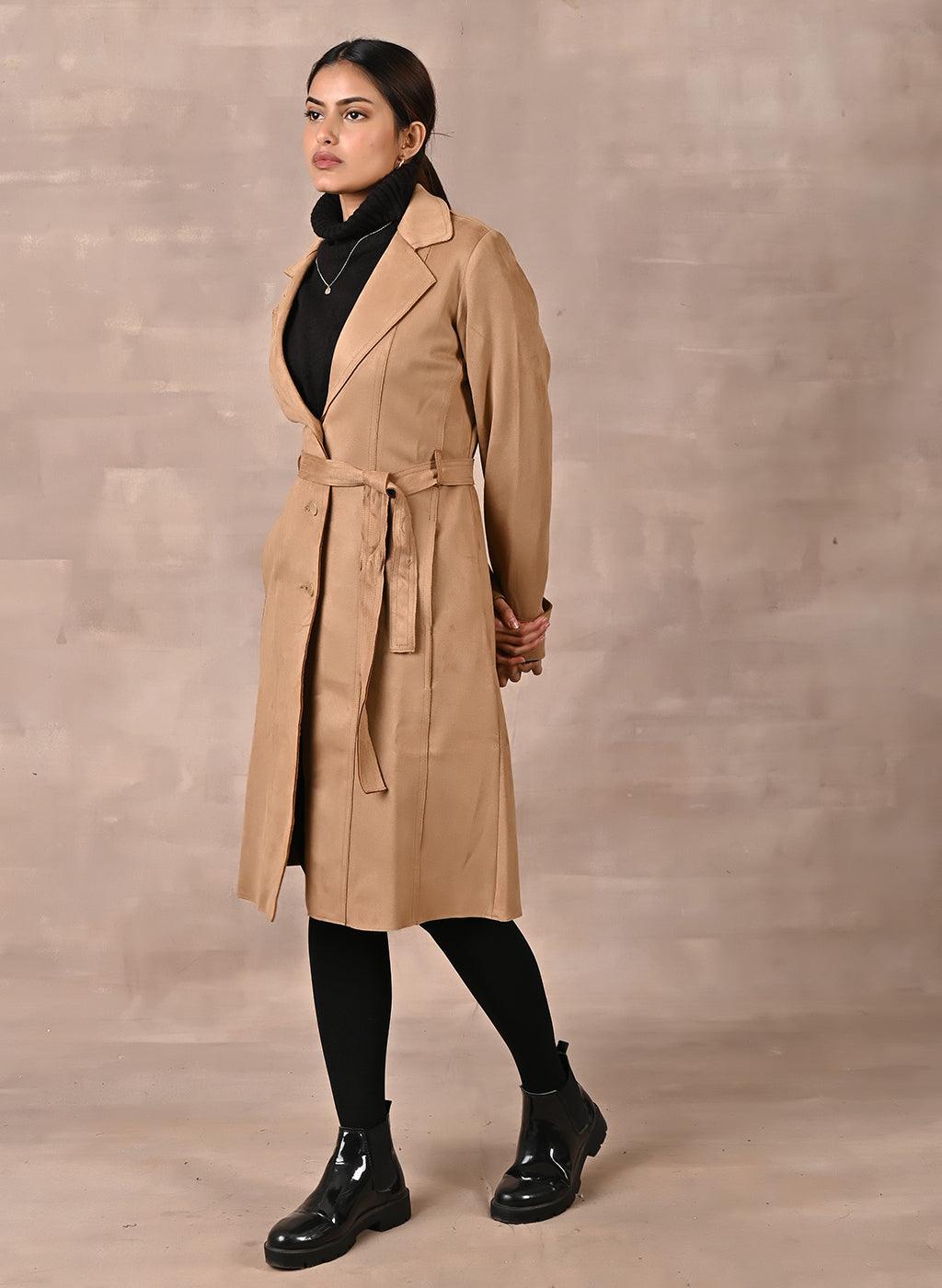 Beige Full Sleeve Tie Belt Trench Coat - Lakshita