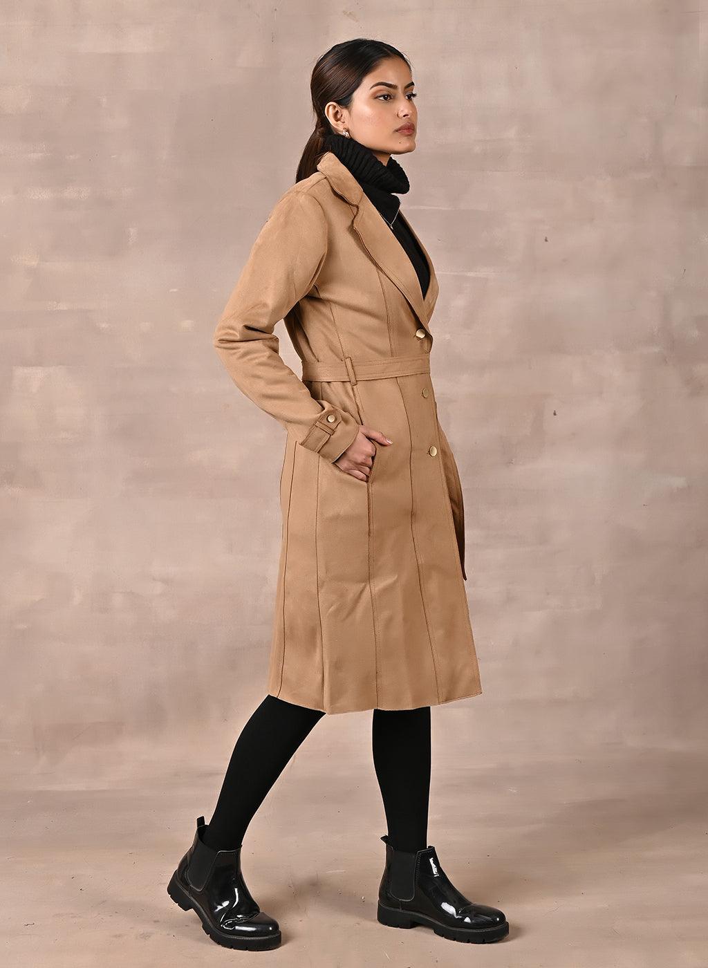 Beige Full Sleeve Tie Belt Trench Coat - Lakshita