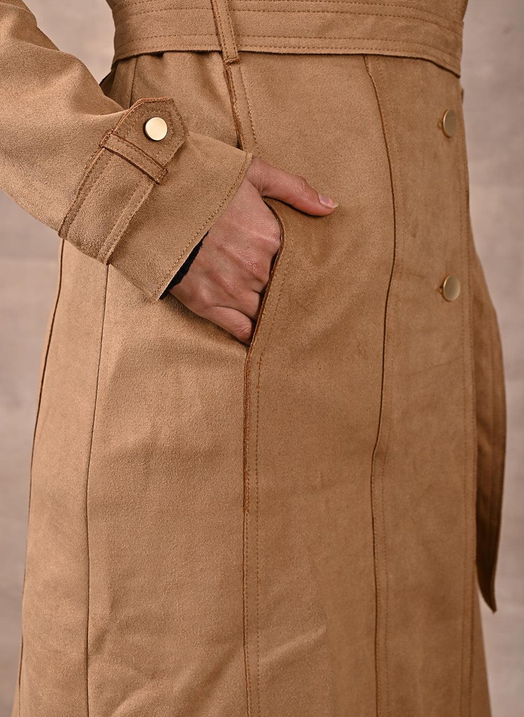 Beige Full Sleeve Tie Belt Trench Coat - Lakshita