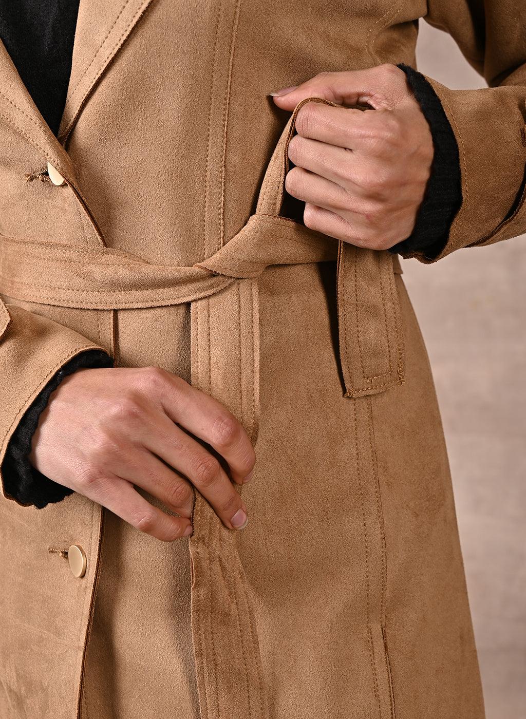 Beige Full Sleeve Tie Belt Trench Coat - Lakshita