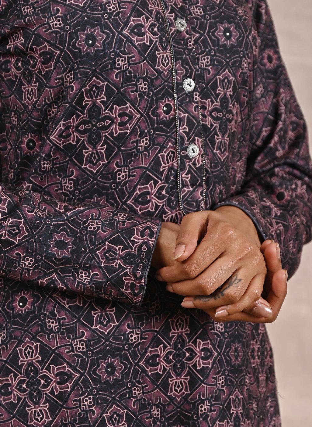 Geometric Print Woolen Kurta with Decorative Placket - Lakshita