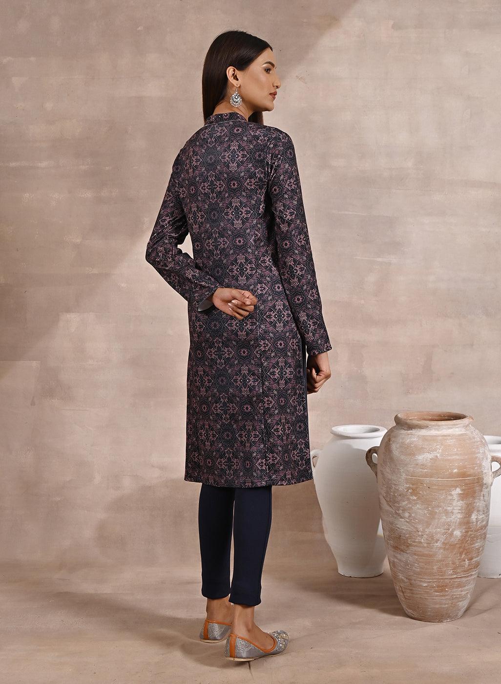 Geometric Print Woolen Kurta with Decorative Placket - Lakshita