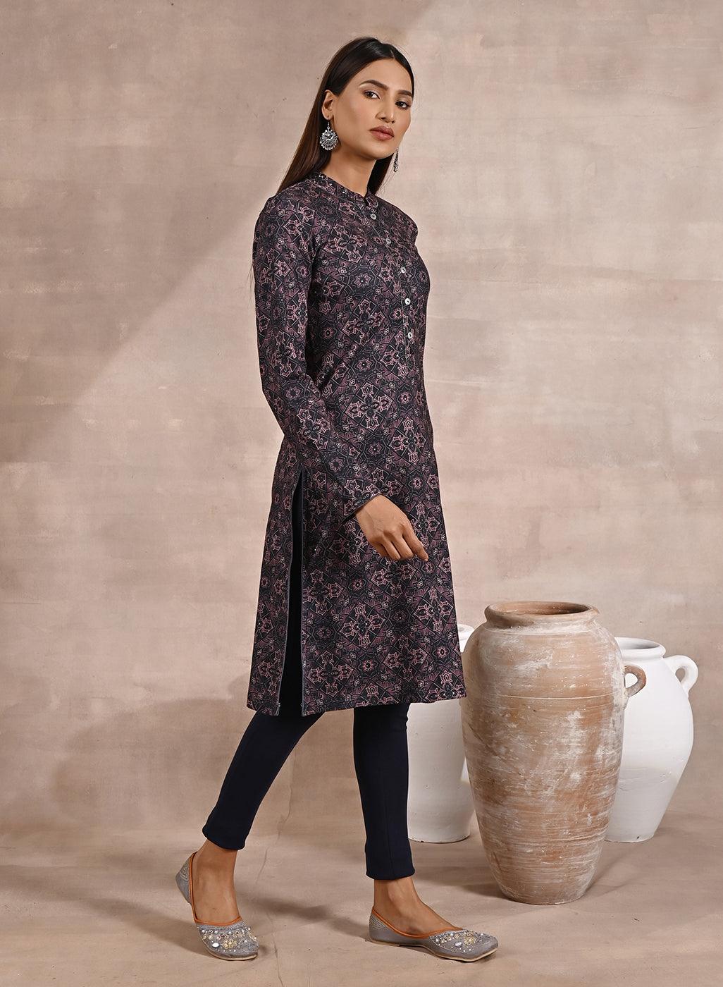 Geometric Print Woolen Kurta with Decorative Placket - Lakshita