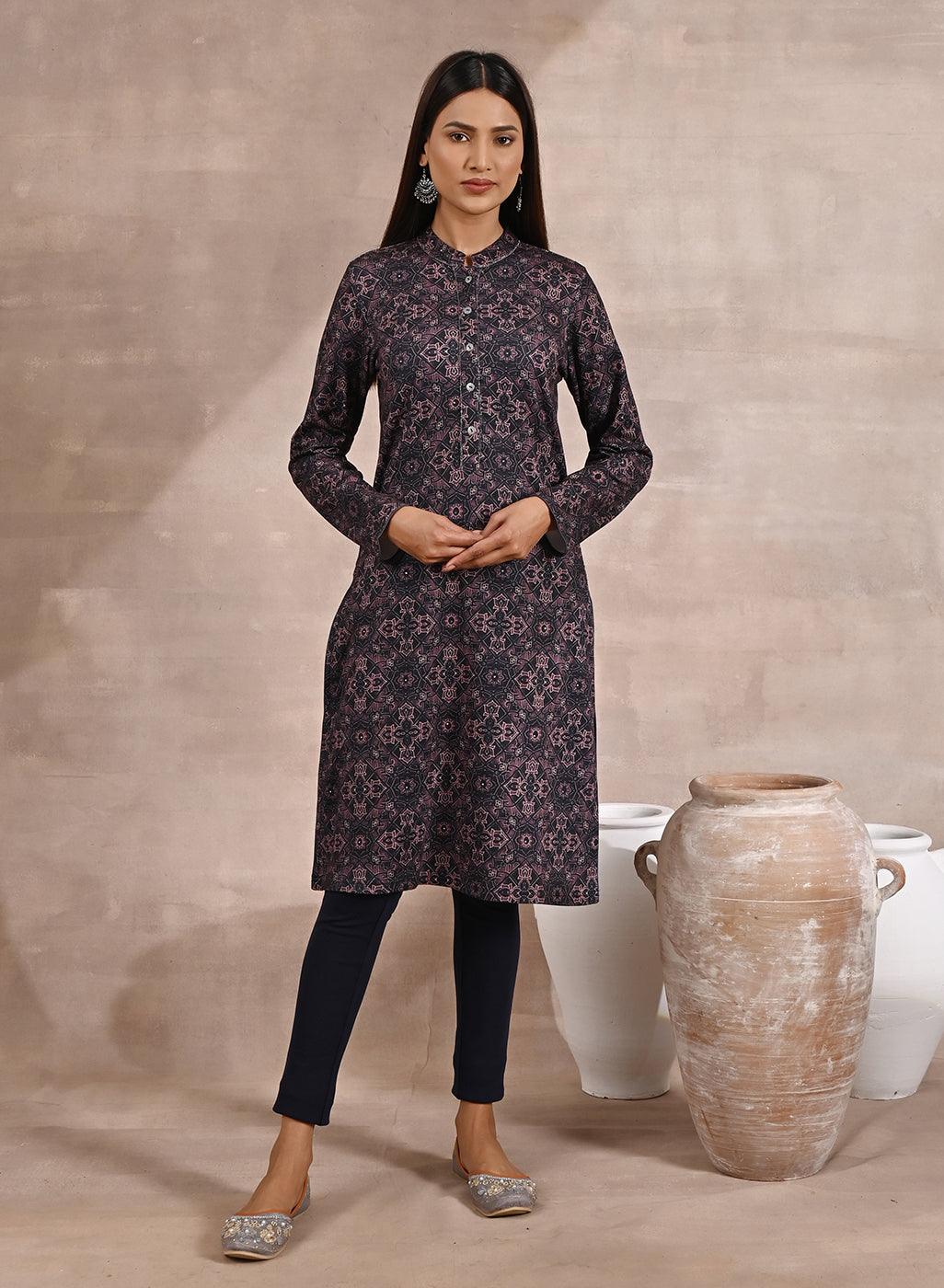 Geometric Print Woolen Kurta with Decorative Placket - Lakshita