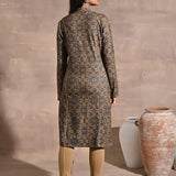 Green Geometric Print Woolen Kurta with Decorative Placket - Lakshita