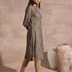 Green Geometric Print Woolen Kurta with Decorative Placket - Lakshita