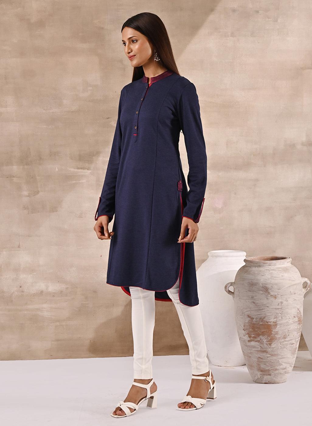 Blue Long Knitted Denim Kurti with Embroidery - Lakshita