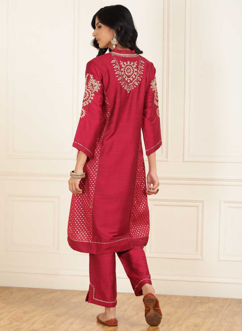 Red Embroidered Chanderi Kurta Set with Gota Lace Detailing