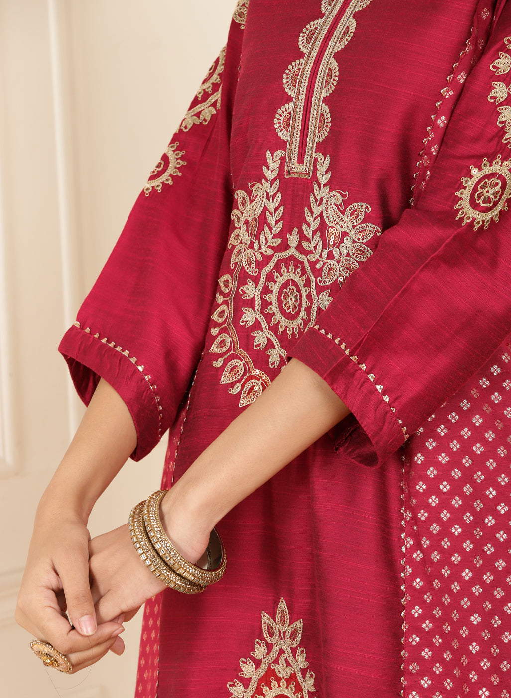 Red Embroidered Chanderi Kurta Set with Gota Lace Detailing