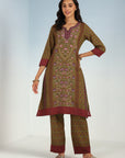 Mud Green Kurta Set with Round neck and Contrast Front Placket