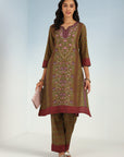 Mud Green Kurta Set with Round neck and Contrast Front Placket