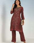 Fuchsia Kurta Set with Round neck and Contrast Front Placket