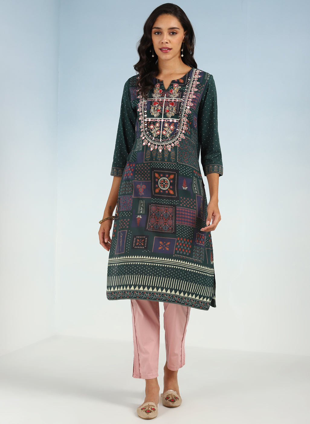 Green Printed Embroidered Kurta with Embellished Front Yoke