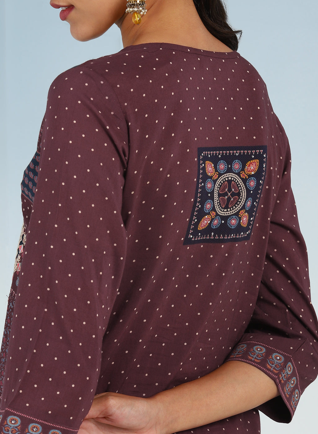 Maroon Printed Embroidered Kurta with Embellished Front Yoke