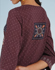 Maroon Printed Embroidered Kurta with Embellished Front Yoke