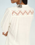 Ivory A line Rayon Tunic with Embroidery and Smocking effect Puffed Sleeve