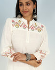 Ivory A line Rayon Tunic with Embroidery and Smocking effect Puffed Sleeve