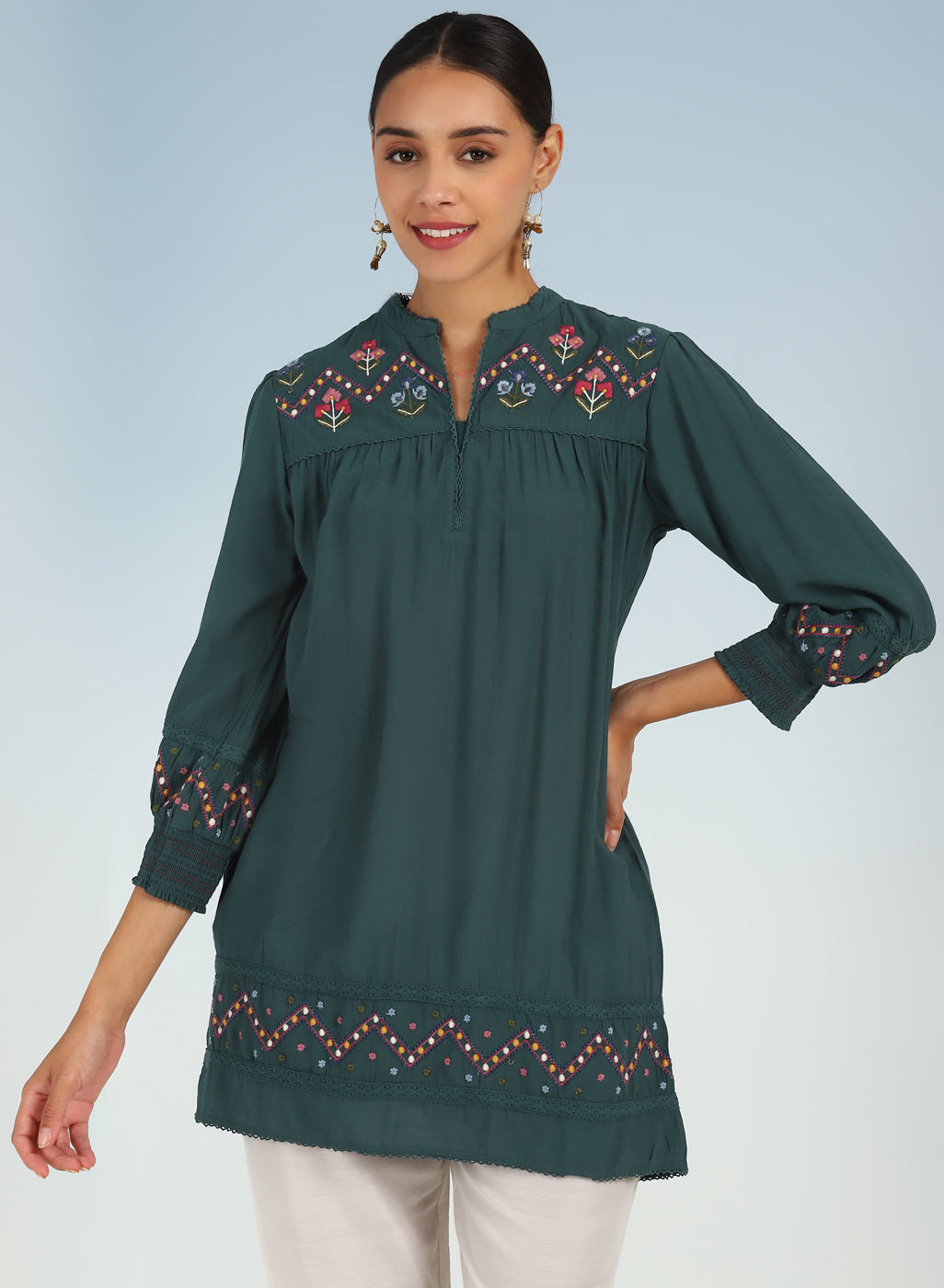 Green A line Rayon Tunic with Embroidery and Smocking effect Puffed Sleeve