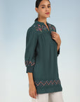 Green A line Rayon Tunic with Embroidery and Smocking effect Puffed Sleeve